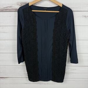 Ann Taylor Womens Navy Blue Black Lace Quarter Sleeve Top Size XS‎